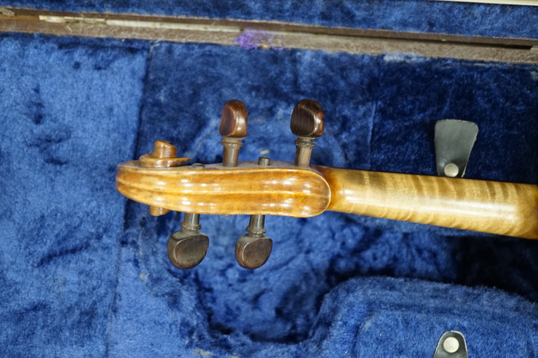 A cased 1830s violin by Didier Nicolas L'aine, branded inside the body, body length 36cm, with two bows, one bow stamped Louis Bazin CITES Submission references 7WRVMZ9B and F37GW7ZR